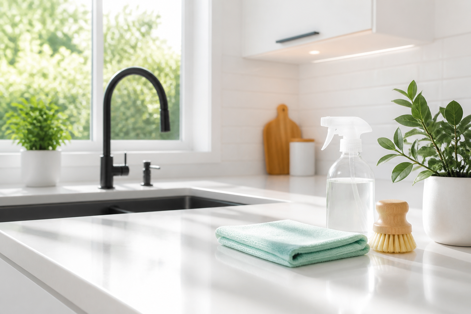 Spotless sunlit kitchen with cleaning supplies