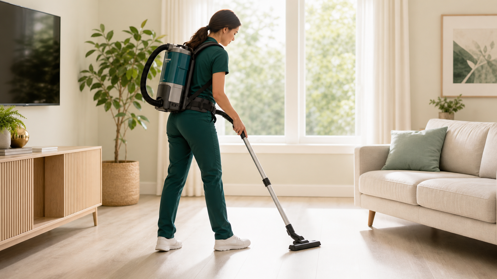Cleaner vacuuming a bright living room with a backpack vacuum