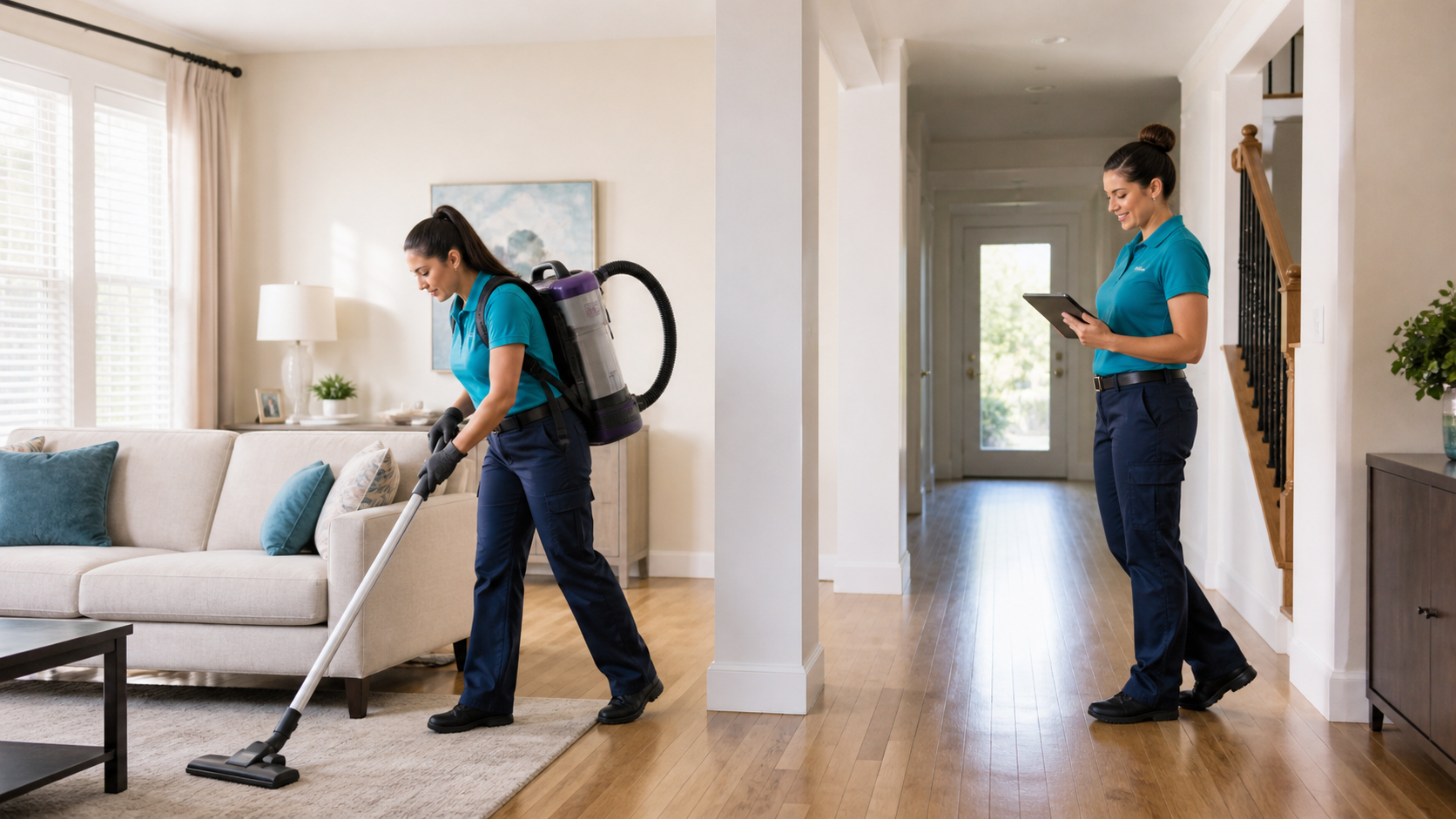 Cleaning Conquerors team vacuuming and checking the approved cleaning plan
