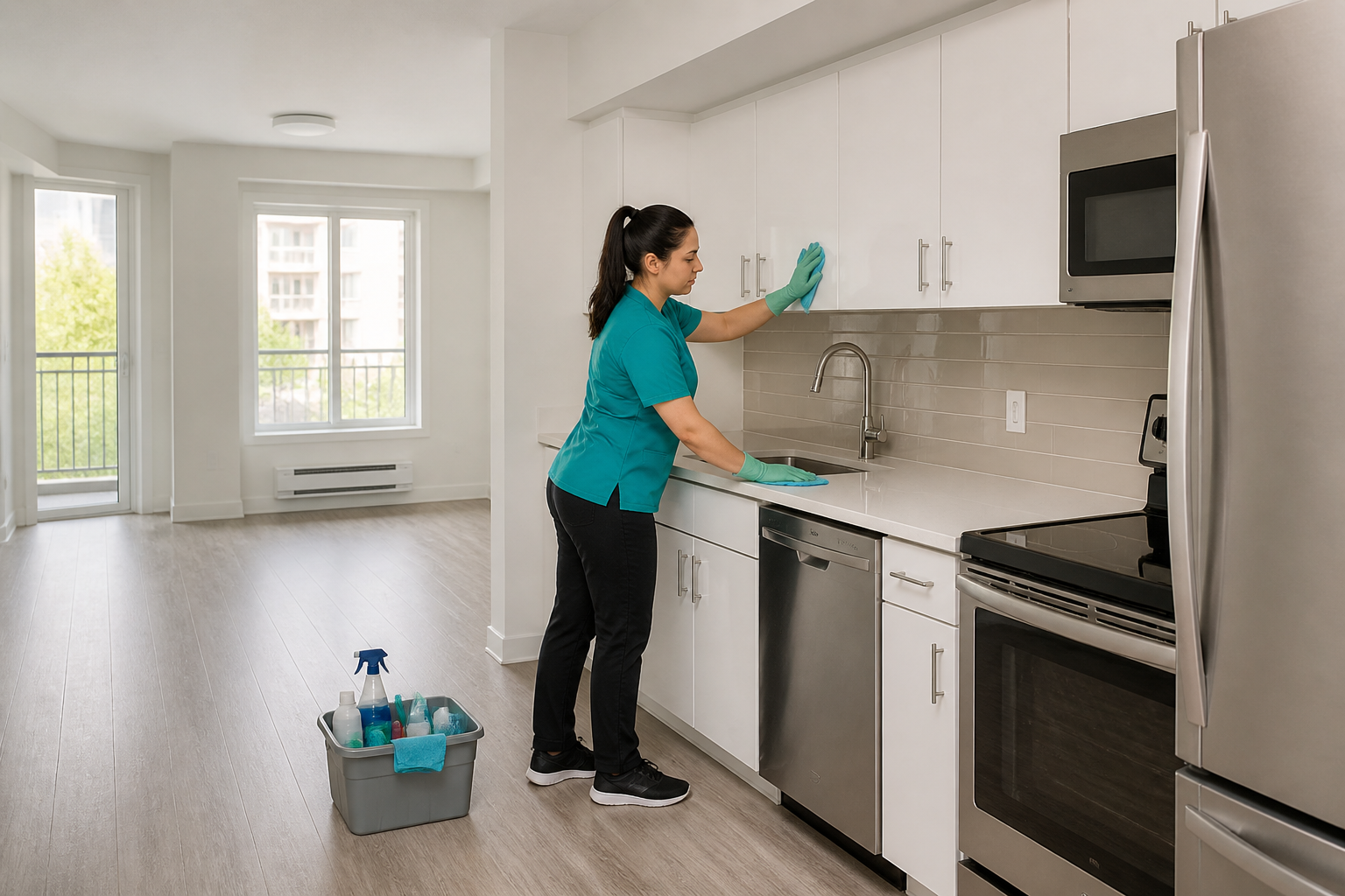 Cleaning Conquerors professional detailing cabinets in a bright, empty apartment kitchen