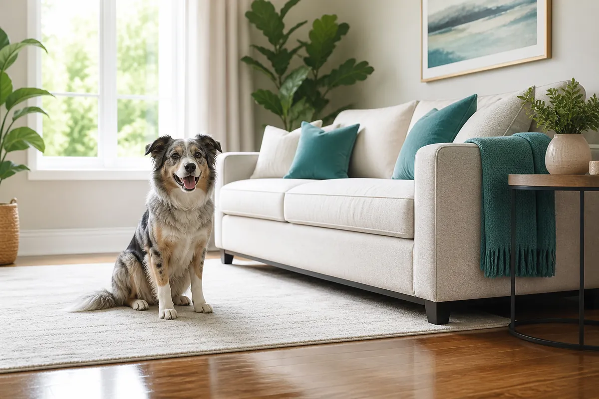 Tidy pet-friendly living room with a relaxed dog